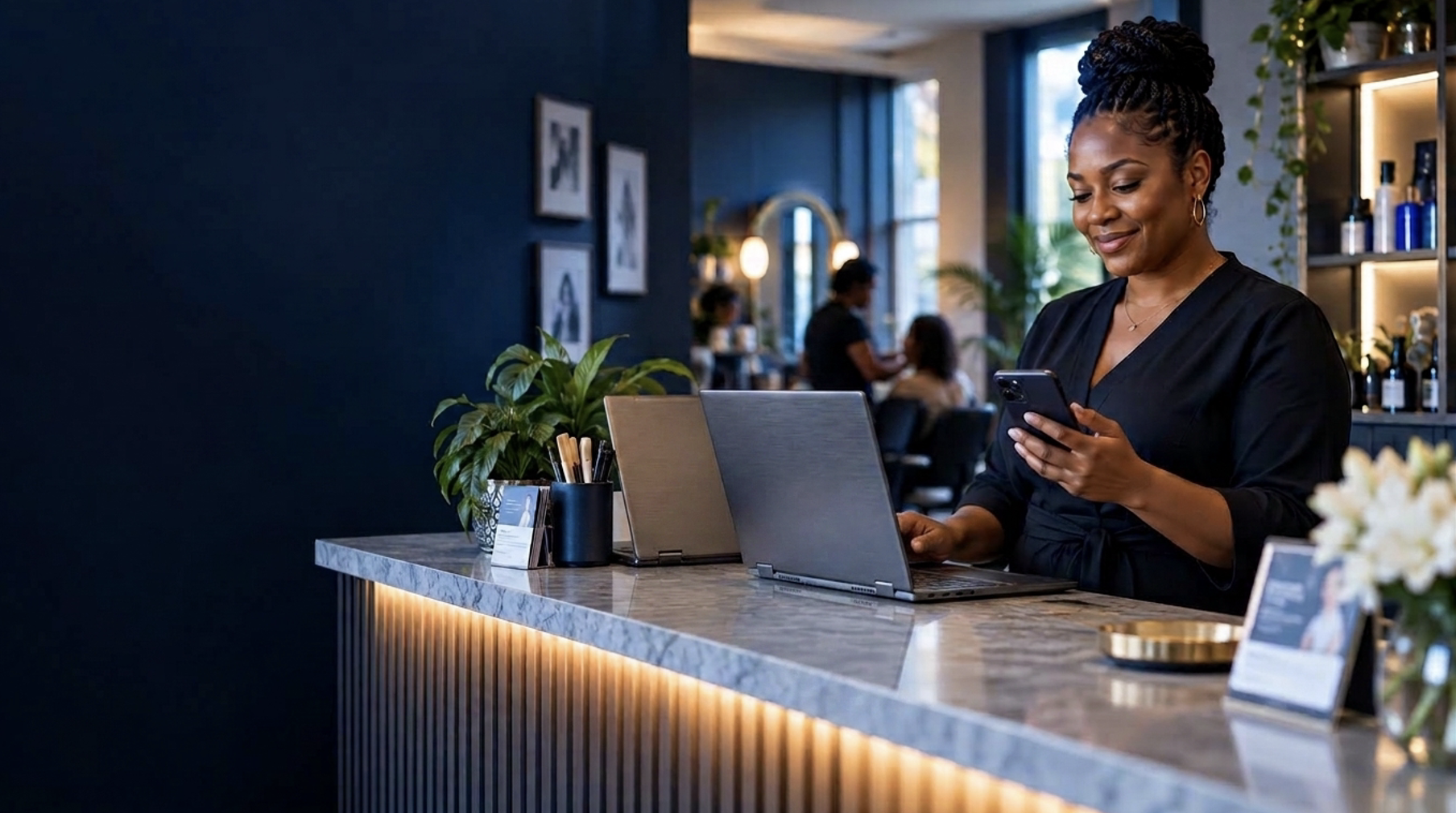 Local business front desk managing customer communications