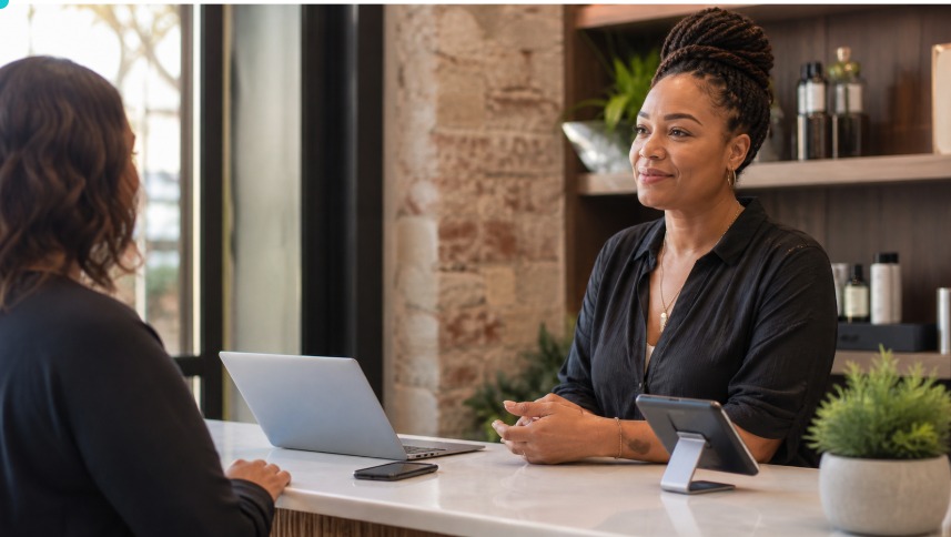 Smiling business representative assisting a client